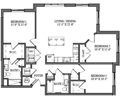 Floor plan for 3 beds, 2 baths, 1289 sqft